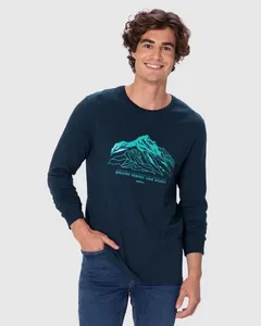 Camiseta Masculina Slim Manga Longa Estampa Frontal Em Algodão Azul - M
