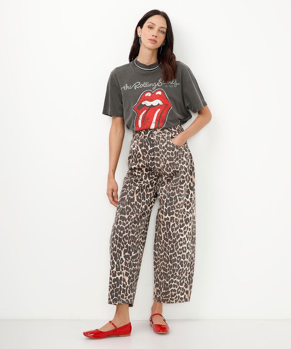 calça de sarja baggy animal print onça cintura alta colorido 36