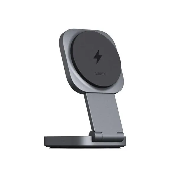 Carregador De Mesa Aukey Sem Fio Magnético 2 Em 1 15W Dobrável Magfusion Preto (MP)