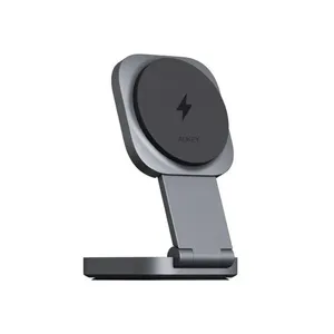 Carregador De Mesa Aukey Sem Fio Magnético 2 Em 1 15W Dobrável Magfusion Preto (MP)