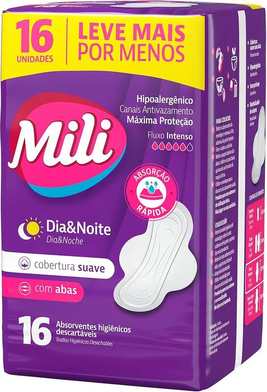 Absorvente Mili Dia e Noite Suave Com Abas 16 Unidades