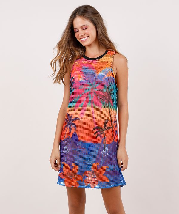 Saída de Praia Feminina Blueman em Tela Estampada Poente Tropical Azul M