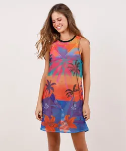 Saída de Praia Feminina Blueman em Tela Estampada Poente Tropical Azul G