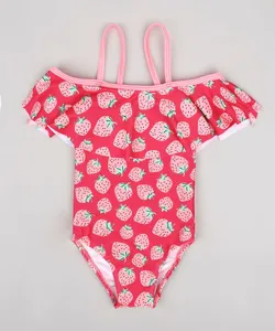 Maiô Infantil com Babado Estampado de Morango Proteção UV50+ Rosa Escuro 3