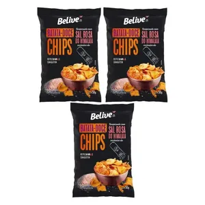 Batata Doce Chips Sal Rosa Sem Glúten Belive contendo 3 pacotes de 50g cada