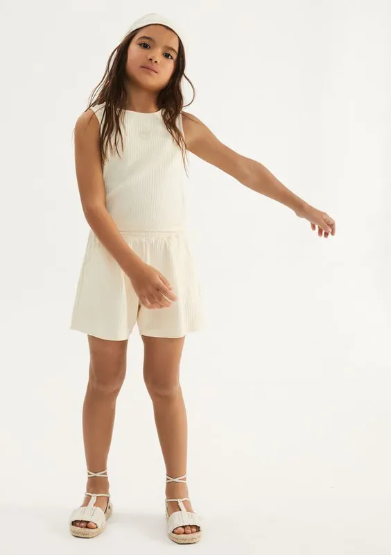 Conjunto Curto Infantil Menina Em Ribana Canelada - Creme 006