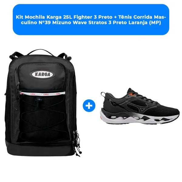 Kit Mochila Karga 25L Fighter 3 Preto + Tênis Corrida Masculino N°39 Mizuno Wave Stratos 3 Preto Laranja (MP)