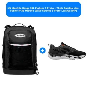 Kit Mochila Karga 25L Fighter 3 Preto + Tênis Corrida Masculino N°39 Mizuno Wave Stratos 3 Preto Laranja (MP)