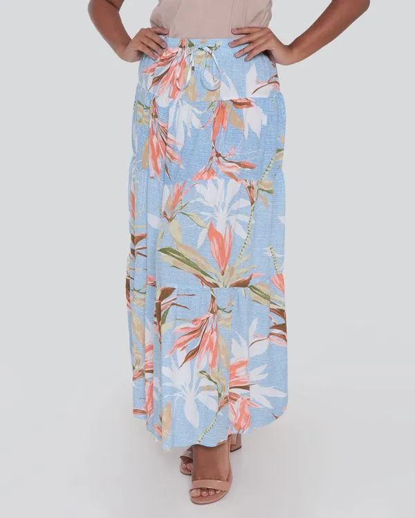 Saia Longa Babados Estampa Floral Azul G