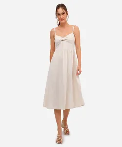 vestido midi feminino com linho e recorte bege P