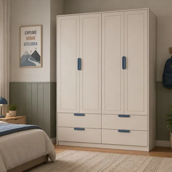 Armário para Quarto Infantil 4 Portas e 4 Gavetas Theo AREIA / AZUL PETROLEO