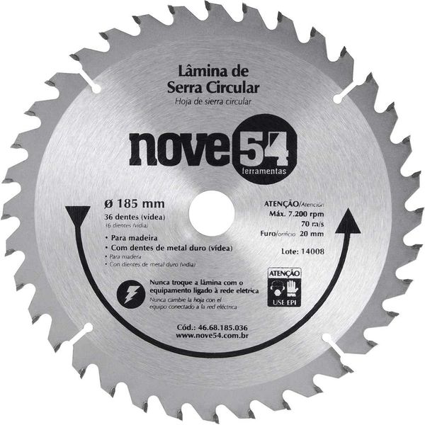 Lâmina de serra circular 185mm x 20mm 36 dentes metal duro/vídea - NOVE54