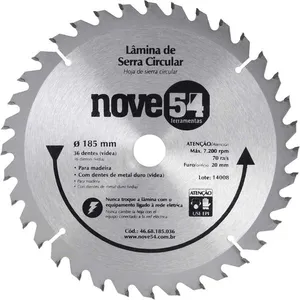 Lâmina de serra circular 185mm x 20mm 36 dentes metal duro/vídea - NOVE54