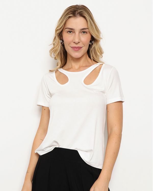 Blusa Feminina Manga Curta Lisa Recortes Off White P