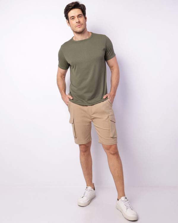 Bermuda Masculina Sarja Cargo Cordão Elástico Bege 38