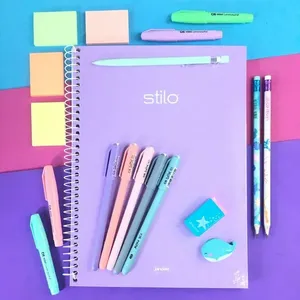 Kit Papelaria Estudos 2.0 Tons Pateis Neon Caderno Canetas Bloquinhos Marca Texto