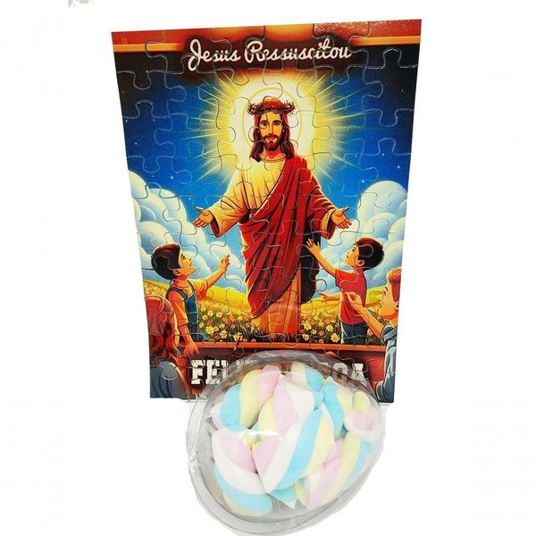 Presente De Páscoa Marshmallow Colorido + Quebra-cabeça Jesus Ressuscitado De 60 Peças