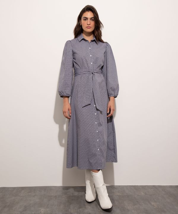 Vestido Chemise Midi Estampado Xadrez Vichy Manga Bufante com Faixa Para Amarrar Mindset Preto M