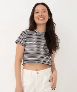 blusa juvenil cropped canelada manga curta listrada preta 16