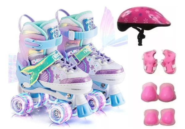 Patins Infantil Sereia Ajustável + Kit Proteção Rodas Em Led 31-34