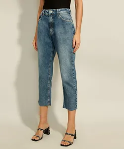 Calça Reta Jeans Cropped Cintura Super Alta Azul Escuro 36