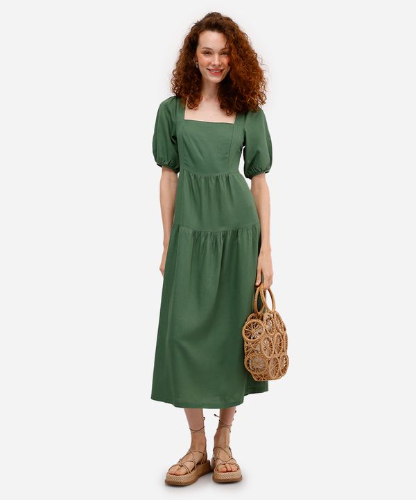 vestido midi feminino com linho e recortes verde GG