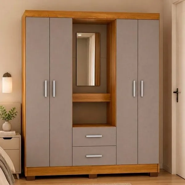 Guarda-Roupa 4 Portas 2 Gavetas Delicatto Capela Penteadeira Com Espelho Carvalho E Fumê (MP)