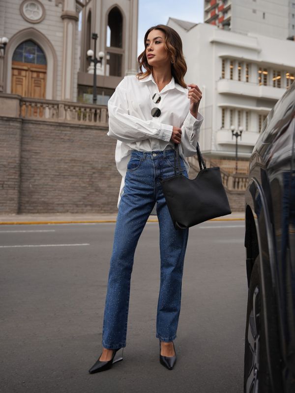 Calça Jeans Reta Com Hotfix Feminina AZUL 42
