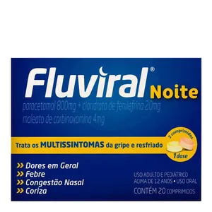 Antigripal, Analgésico, Antitérmico e Descongestionante Fluviral Noite 800mg + 20mg + 4mg 20 Comprimidos