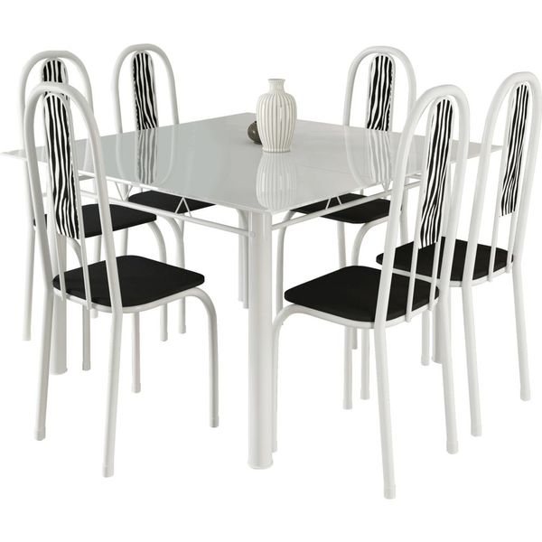 Mesa de Jantar 6 Cadeiras com Tampo de Vidro - Metalplus Araguaia Zebra / Branco
