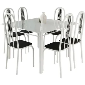 Mesa de Jantar 6 Cadeiras com Tampo de Vidro - Metalplus Araguaia Zebra / Branco