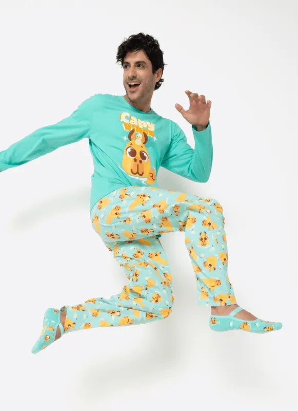 Pijama Manga Longa Algodão Masculino Capivara Vibes P