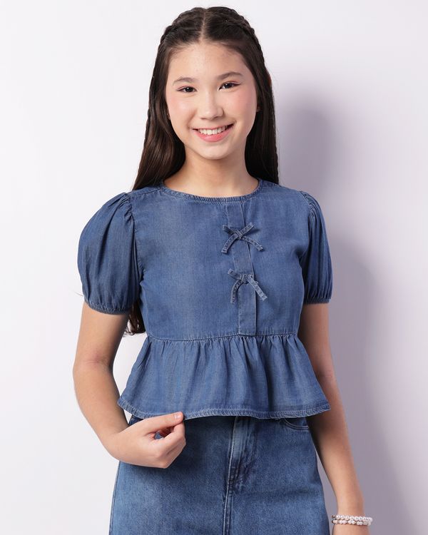 Blusa Juvenil Cropped Liocel Manga Curta Bufante Com Badado Laços Azul 14