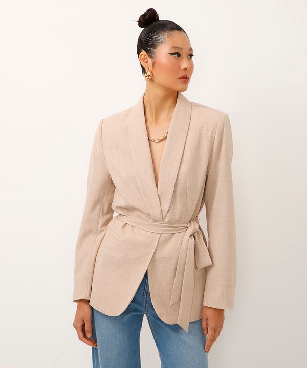 blazer de alfaiataria com faixa para amarração bege M