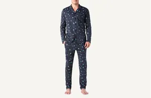 Pijama Comprido Aberto Em Jersey Estampado - Azul P