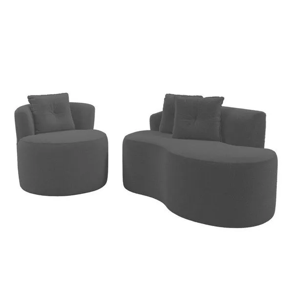 Kit Sofá E Poltrona Orgânica Living Bob Com Almofadas Bouclê Cinza Escuro - Desk Design