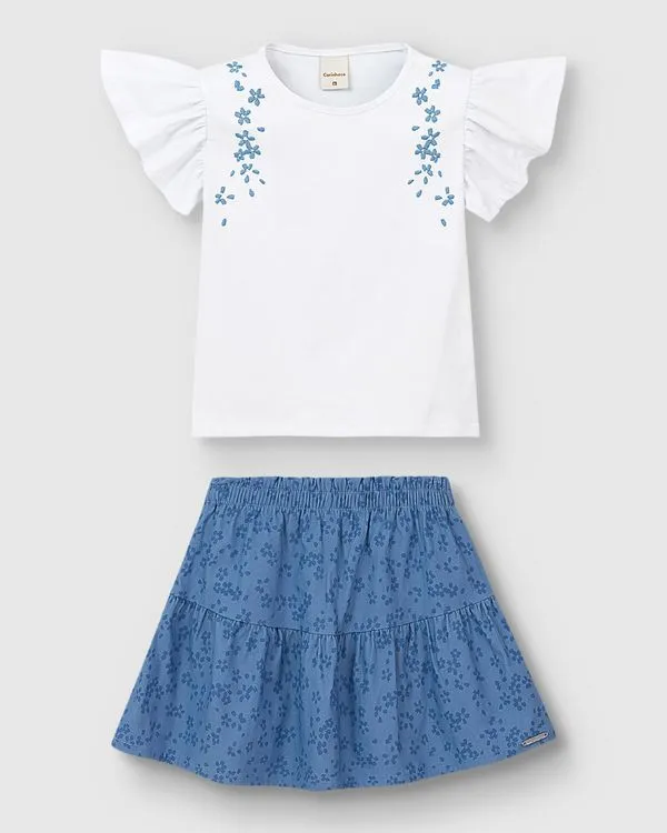 Conjunto Menina Blusa Detalhe Bordado Floral Em Algodão - Carinhoso Branco - 16