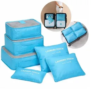 Kit Organizador de Malas 6 Peças Yeet em Poliéster Azul com Cubos e Necessaires para Viagem Kit Organizador de Malas 6 Peças Yeet em Poliéster Azul com Cubos e Necessaires