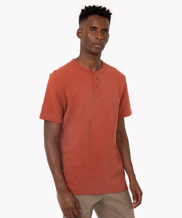 camiseta de algodão texturizada com botões manga curta laranja escuro P