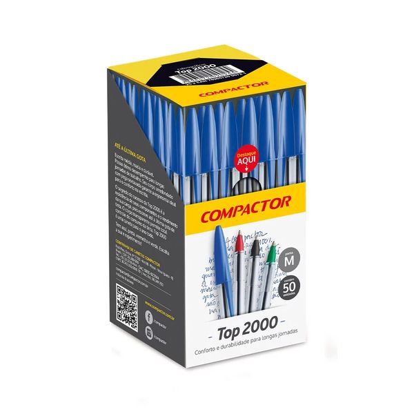 Caneta Esferográfica Compactor Top2000 Ponta Média Preta com 50 Unidades