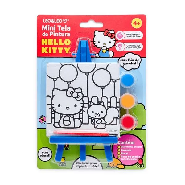 Mini Tela de Pintura Hello Kitty Leonora Azul com Tela 9,2x9,2CM, Cavalete e Tintas Guache Mini Tela de Pintura Hello Kitty Leonora Azul com Cavalete e 3 Tintas Guache 3ML