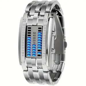 Relógio Eletrônico Feminino Desportivo LED Criativo Fashion Exibição Binária Pulseira Metal Prata Sanda Relógio Eletrônico Feminino LED Criativo Fashion Pulseira Metal Prata Sanda
