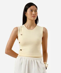 regata feminina de tricot com botões amarela P