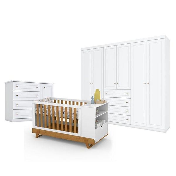 Quarto De Bebê Americano 6 Portas Com Berço Multifuncional Bkids Branco Freijó Eco Wood - Matic - Henn