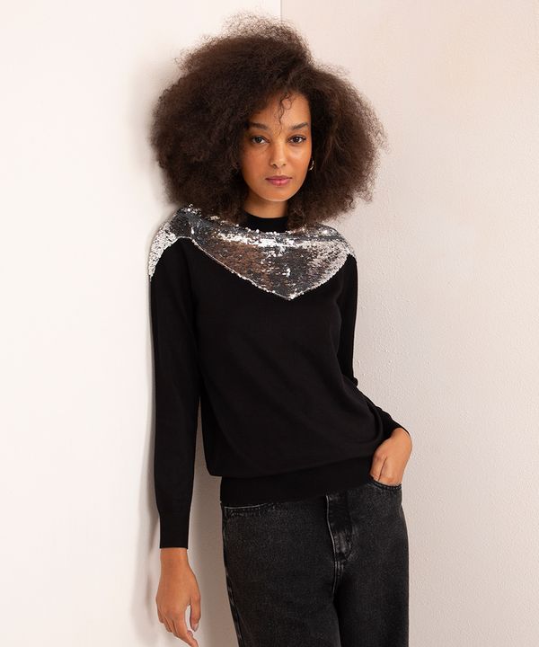 blusa de tricô manga longa decote redondo com paetê mindset preto M