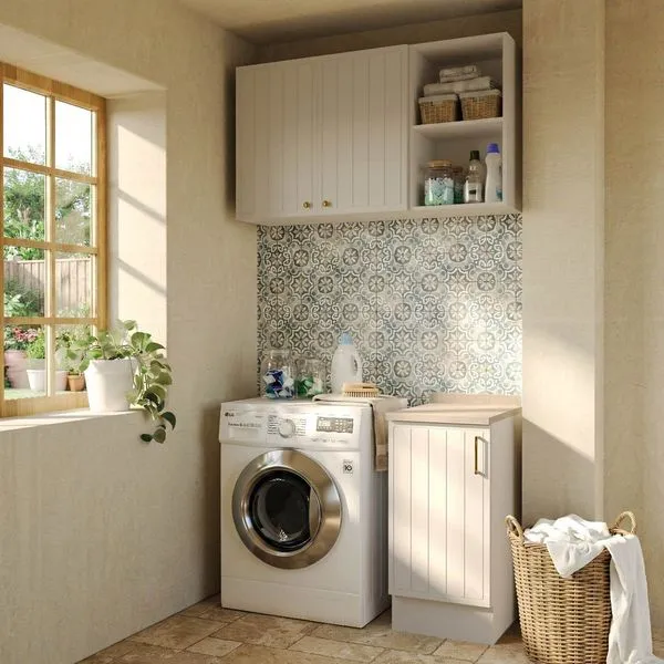 Lavanderia Modulada 3 Peças 1 Aéreo 1 Balcão com Tampo 1 Nicho 40cm Marselha CabeCasa MadeiraOriginals Branco