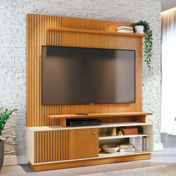 Estante Home Theater Ares 160cm Para TV até 65 Polegadas Porta Deslizante Madetec Cinamomo/Off White