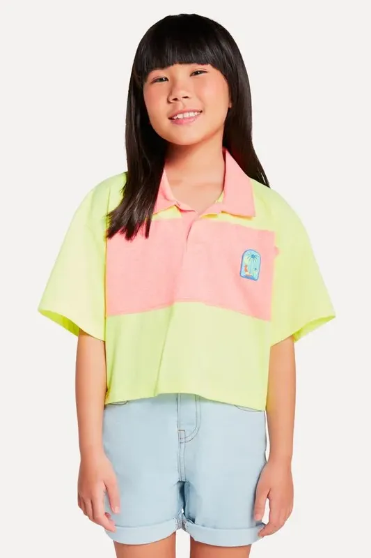 Polo Menina Cropped Recortes Neon Amarelo Neon - 16