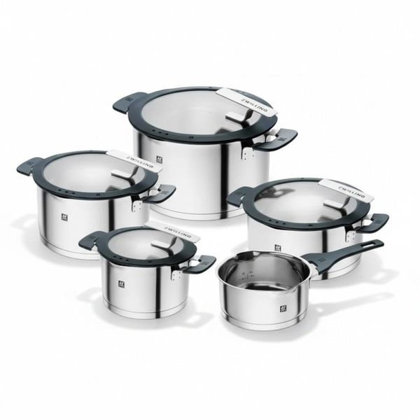 Jogo de Panelas em Aço Inox Zwilling Simplify 5 Peças com Suporte de Tampa e Escoamento Integrado