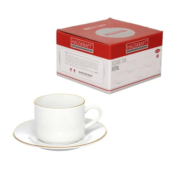 Conjunto 4 Xícaras Chá 200ml com Pires Royal Porcelana Branca Borda Dourada JGCH063 - Hauskraft